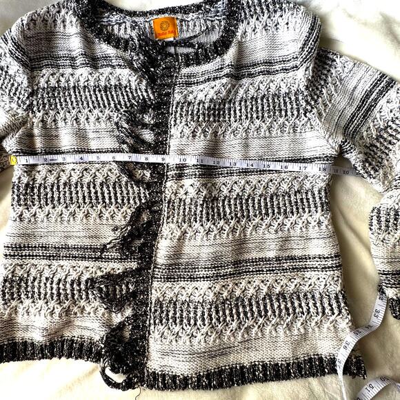 Ruby Rd Black, White and Metallic Open Cardigan Sweater Blazer Fringe Trim Large - Picture 3 of 10